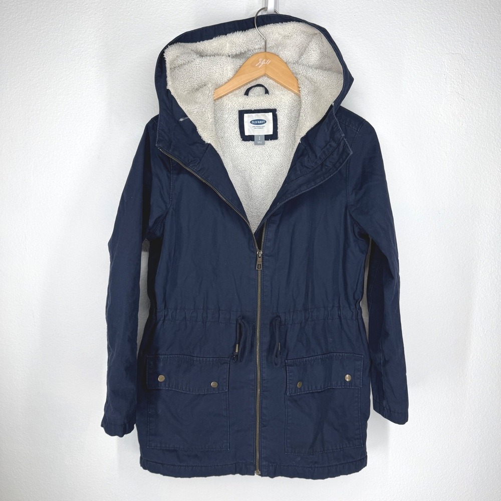 Old‎ Navy Sherpa Anorak Hooded Barn Jacket Coat Blue Navy Utility Small Nautical